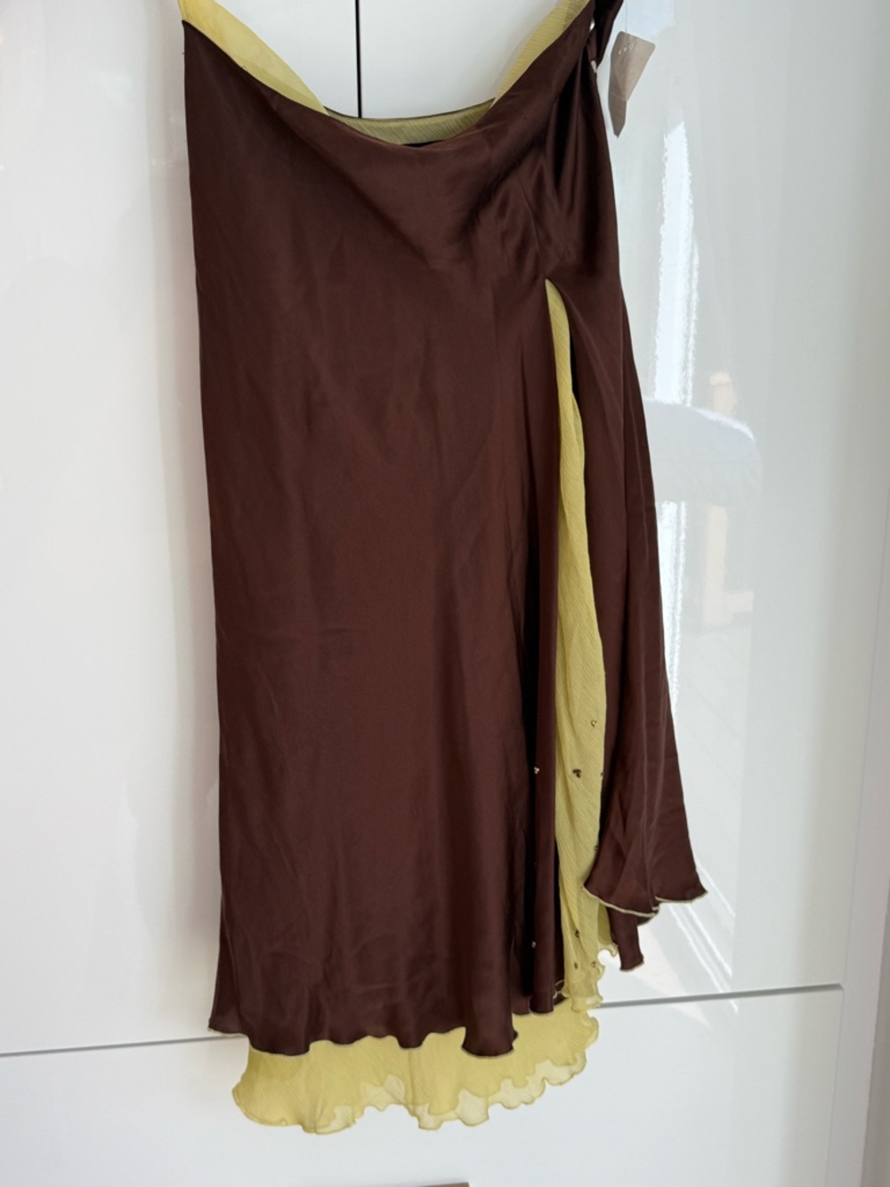 Vintage Bianca Nygård 100% Silk Bias Skirt NWT Brown Chartreuse Layered Midi 10 - Picture 4 of 11